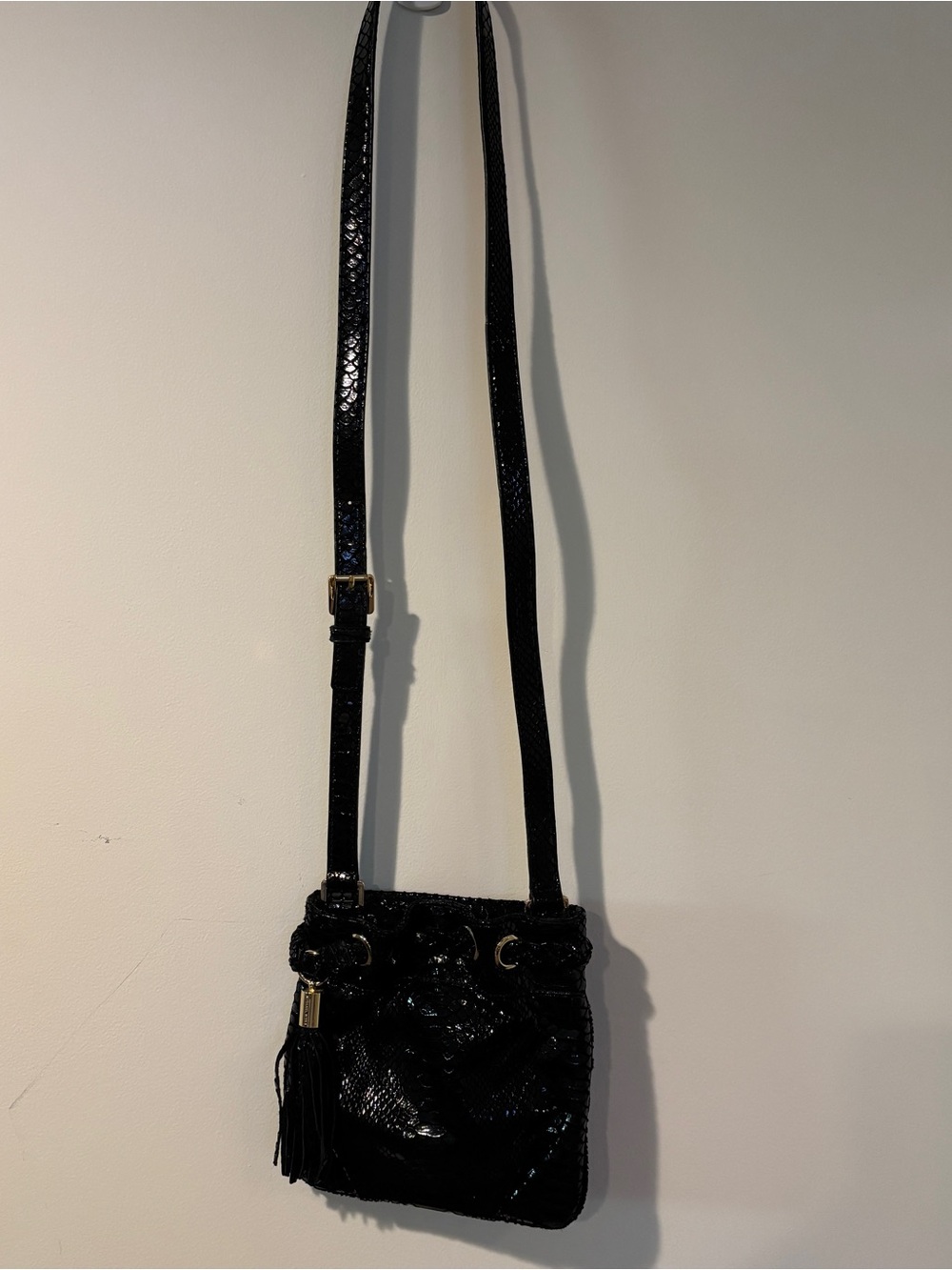 Michael Kors python-embossed black patent crossbody bag with gold hardware